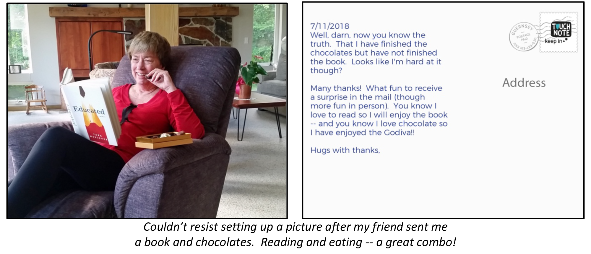 The image shows a photo of a person reading a book and munching on chocolates for the front of the postcard and a picture of a thank you note and address space for the back of the postcard.