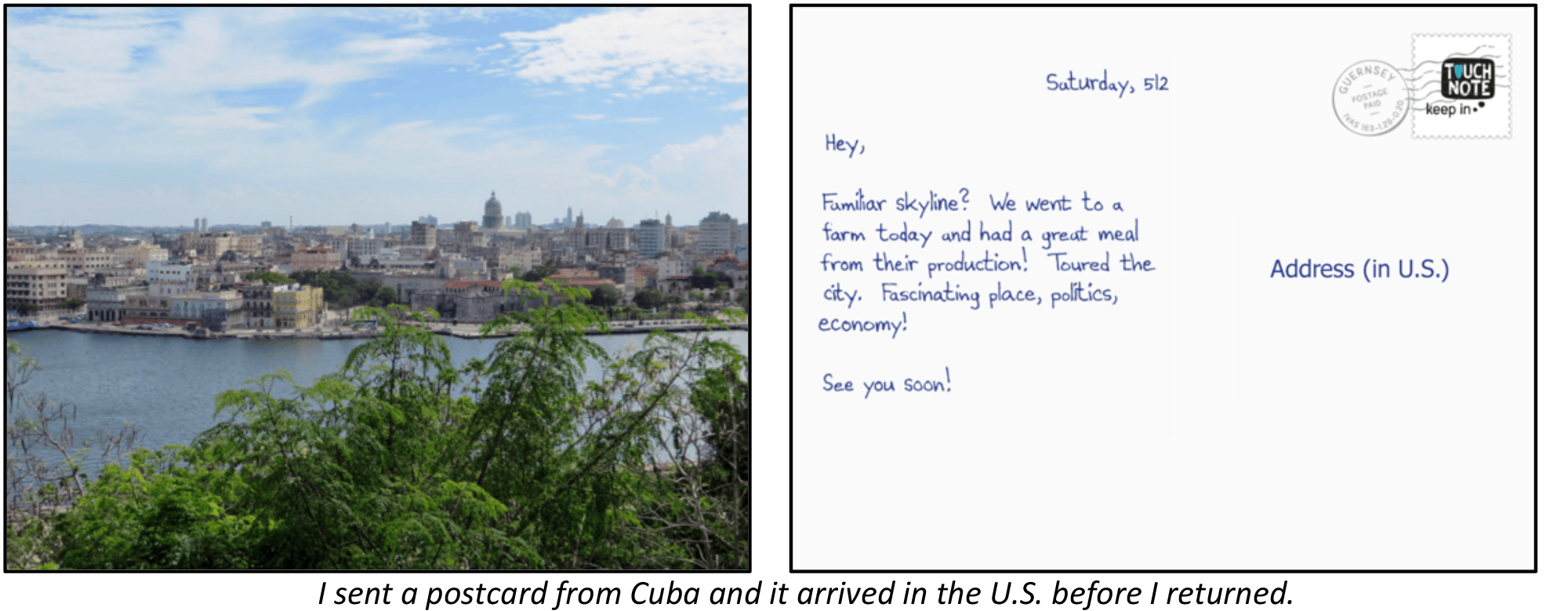 The image shows a photo of Havana's skyline for the front of the postcard and a picture of a note and address space for the back of the postcard.