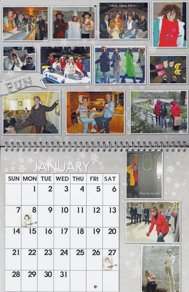 A reunion calendar of pictures collected over 20 years of trips with friends illustrates a wonderful Memories calendar.