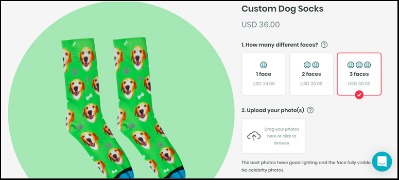 A screenshot showing the first few steps of choosing options for creating your photo socks.