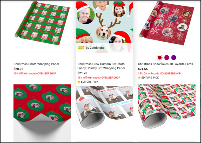 Examples of photo gift wrap rolls from Zazzle.