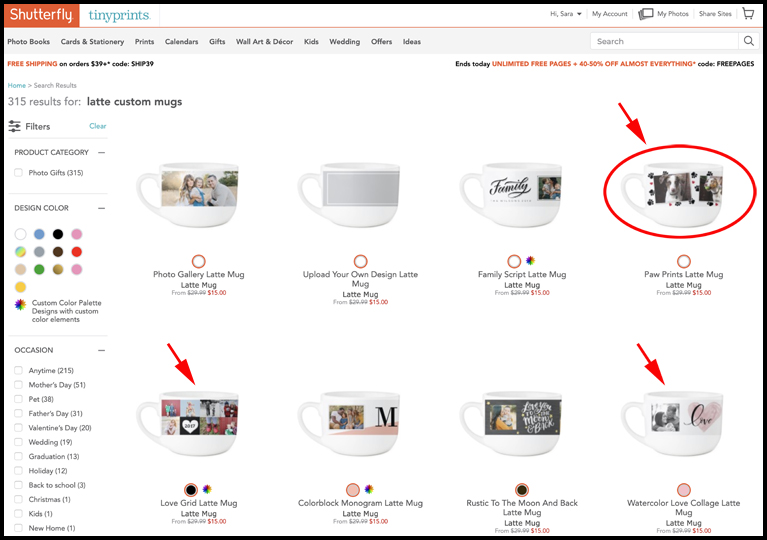 A screenshot from Shutterfly.com that shows a variety of mugs and coffee cups for photocrafting.