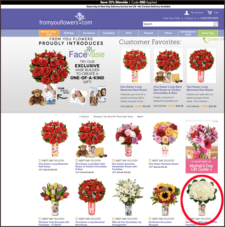 The first screen for fromyouflowers.com showing a range of flower and vase options.