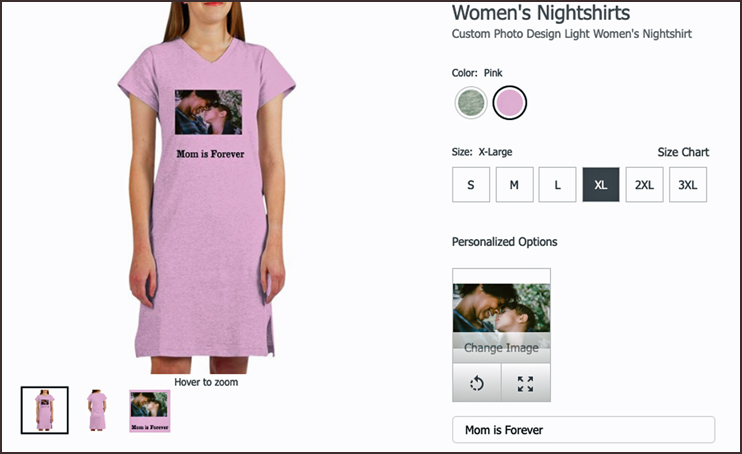 A copy of the page for uploading a photo to a nightshirt, choosing the color and size, and adding text.