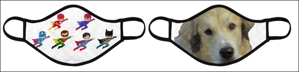 The picture shows two masks, one with colorful super heroes and the other with the photo of Caesar, a favorite pet.