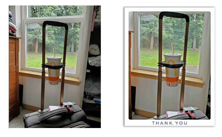 It shows a picture of a gift for a suitcase and the picture on the front of a Touchnote postcard.