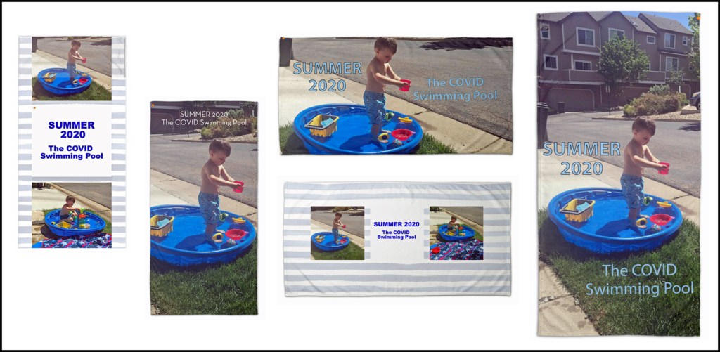 Image has five different layouts for a beach towel of a 3-year old in a shallow blow-up pool.  Each layout includes text, either as an image or in the Shutterfly text box.