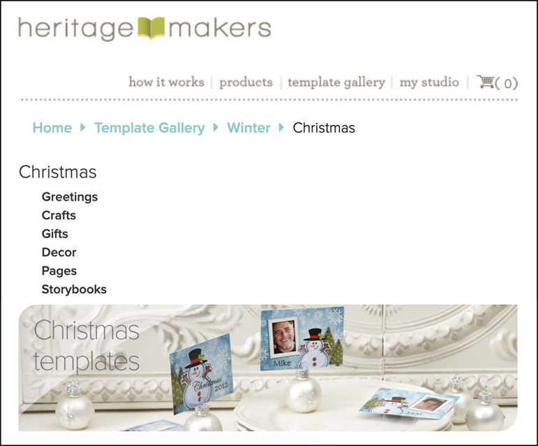 The image shows the Heritage Makers site for creating holiday (e.g. Christmas) cards.
