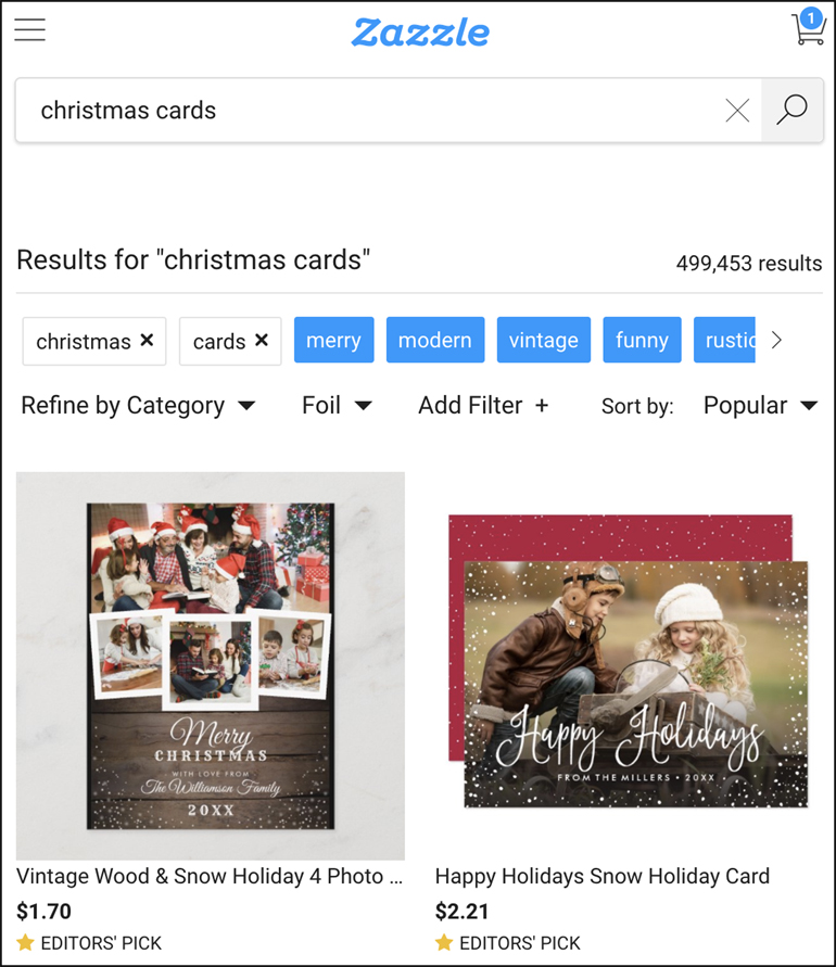 The image shows the Zazzle site for creating holiday (e.g. Christmas) cards.