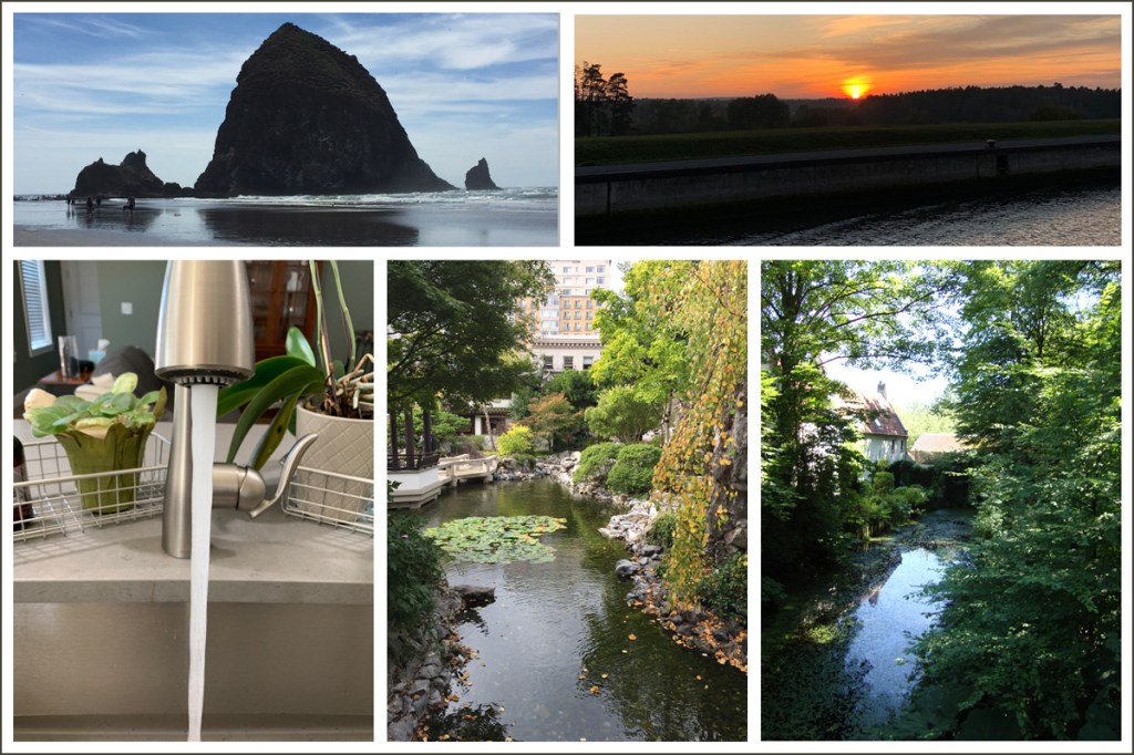 Five images, all showing water (two ocean photos, one faucet with water flowing, and two rivers.