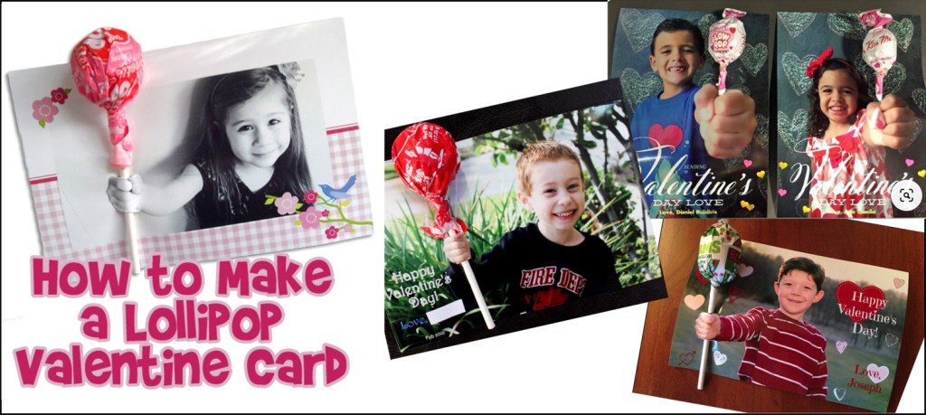 Four examples of photo cards, each with a lollipop attached.