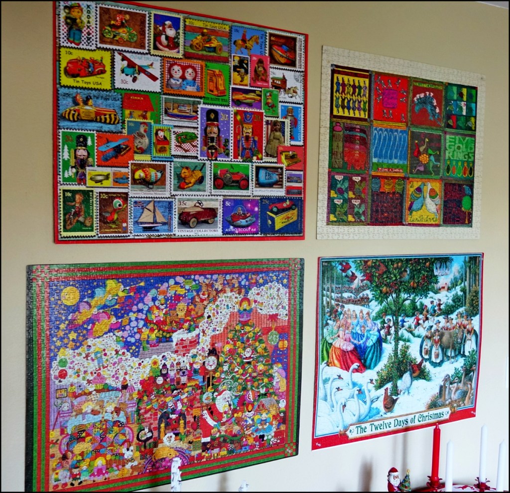 The pictures shows one wall on which some of the jigsaw puzzles are displayed for the Christmas holidays.