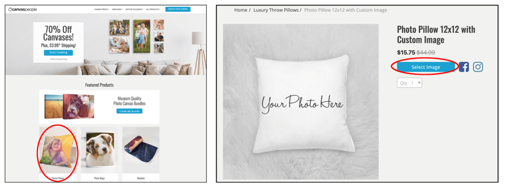The Canvas People website showing various products including the pillows.  The introductory website page for creating a photocraft pillow.