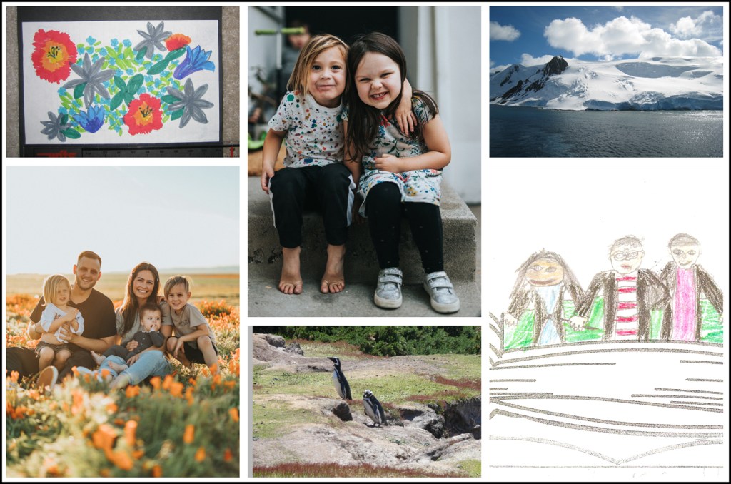 Six family photos show a child's drawing of flowers, a child's drawing of a family, a family portrait, two young girls, snow covered mountains, and penguins in the wild.