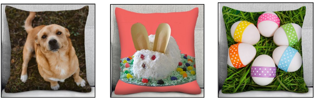 Three images of pillows that are examples of good Easter or spring gifts.