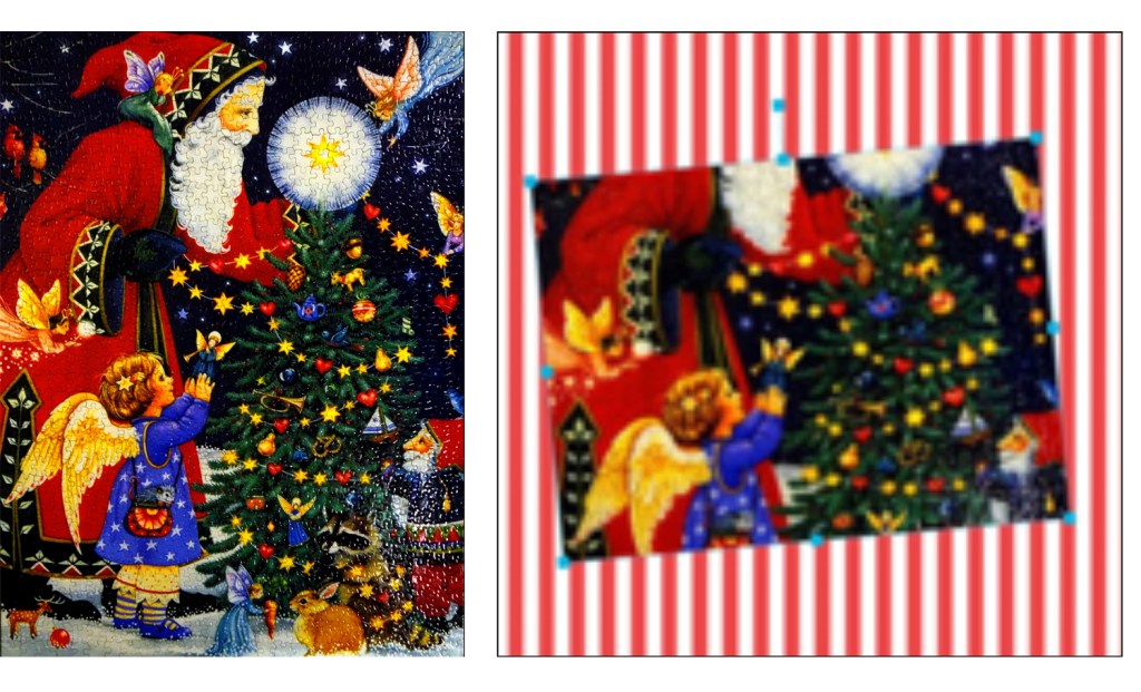 A jigsaw image and an image of the way it is automatically cropped when placed on a page.