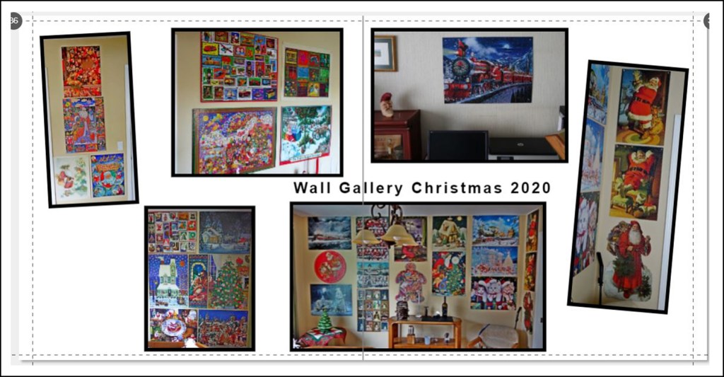 An image of a two page spread of various walls with jigsaw puzzles displayed during the Christmas holidays.