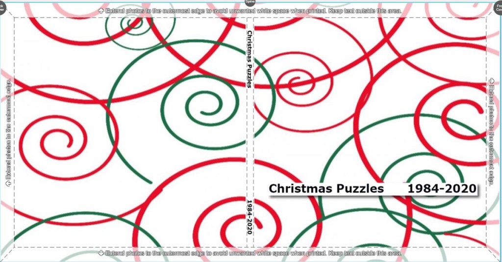 The cover of the book is simply swirls of red and green with  the title "Christmas Puzzles 1984-2020".