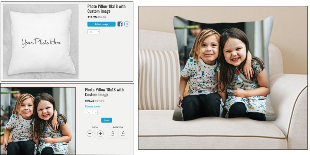 The photo shows the pillow process with a preview of the two young girls on an 18"x18" pillow.