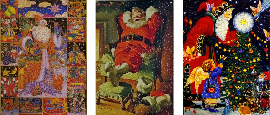 Pictures of three jigsaw puzzles that were painted with glue to save.