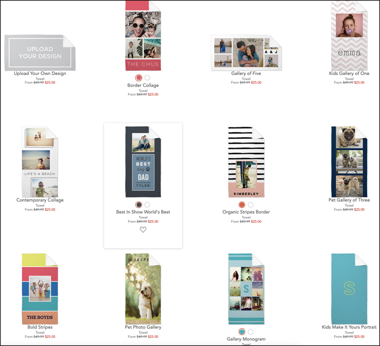 This shows a few of the layout options Shutterfly offers for beach towel designs.