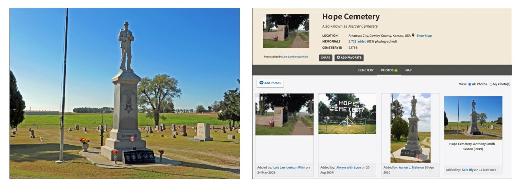 Two photos:  One is a picture I took near the main entrance to Hope Cemetery.  The other is the Hope Cemetery page in FindAGrave that includes the photo I uploaded along with three others added earlier by other users.