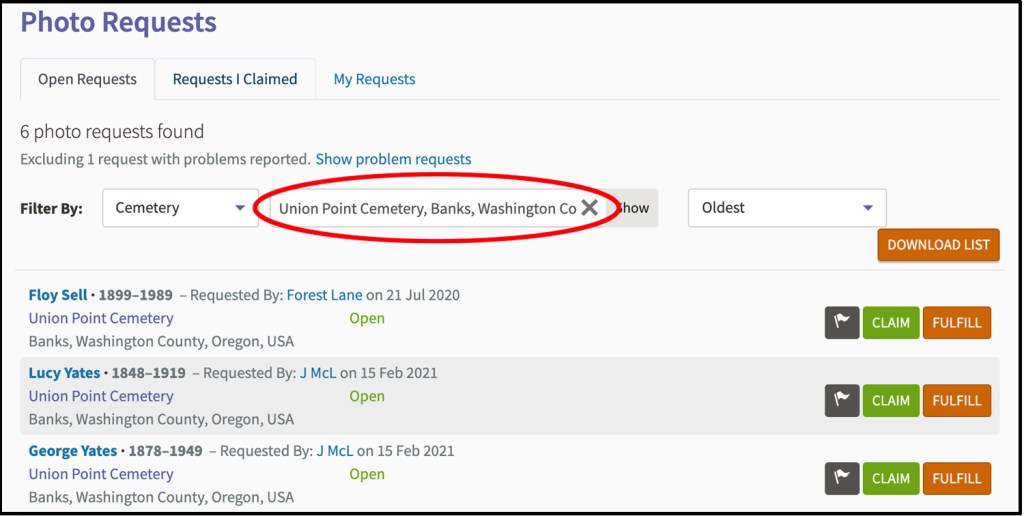 An image from FindAGrave.com that lists photo requests for a specific cemetery.