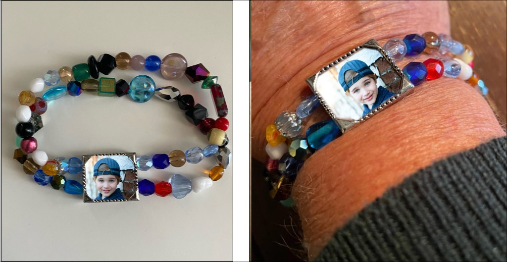 Two images, one of the bracelet and one of the bracelet on Shel's mom's wrist.