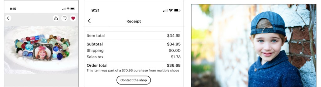 Three images showing the bracelet that Shel chose, the receipt with the "Contact the shop" button, and the original image to send.