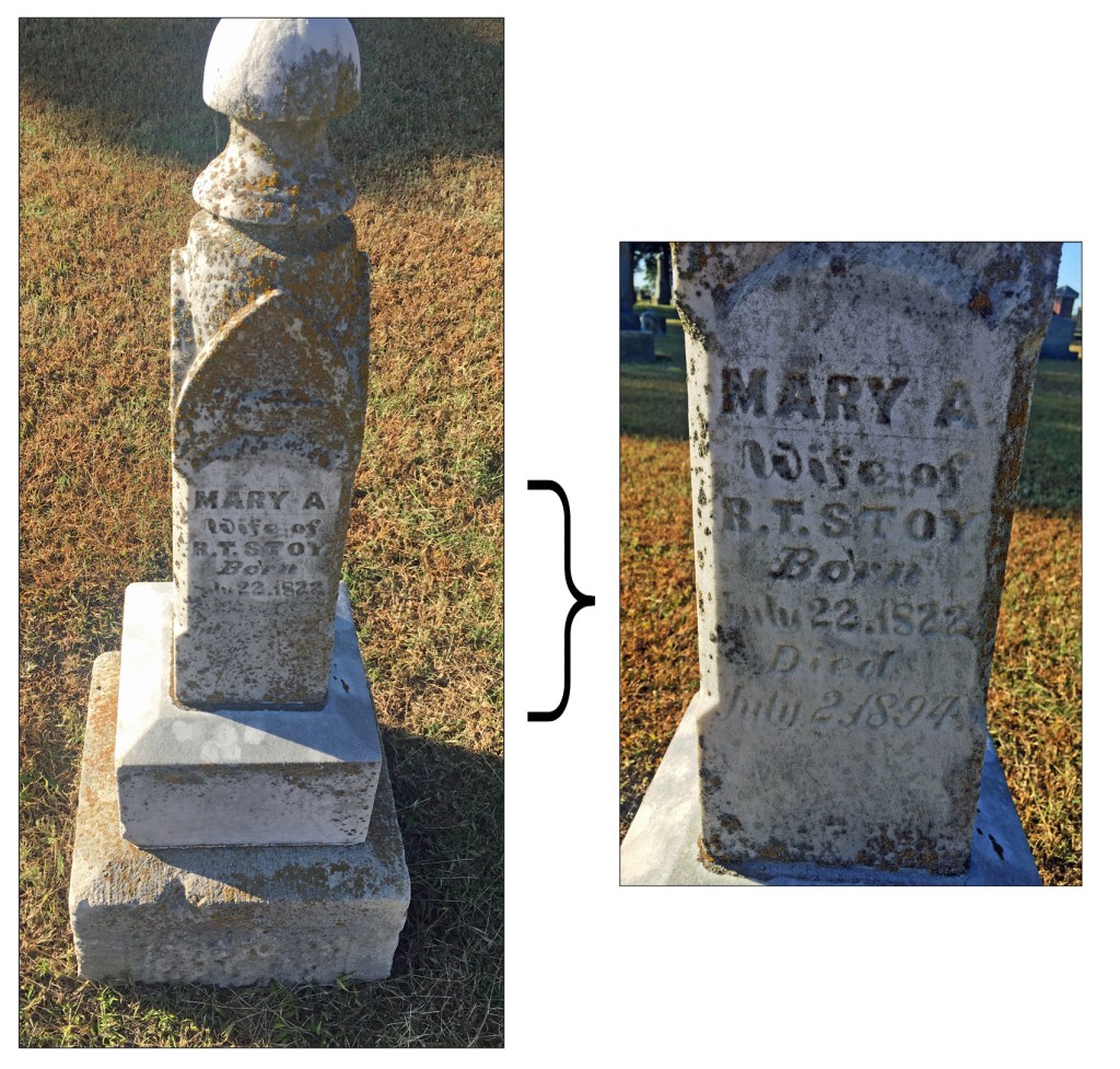 Two images of Mary Stoy's gravesite.  A column on a base and a close-up of the text on the column.
